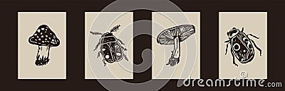 Rustic forest woodcut of folkart mushroom and bugs in simple silhouette style vector motif collection. Set of grungy Vector Illustration