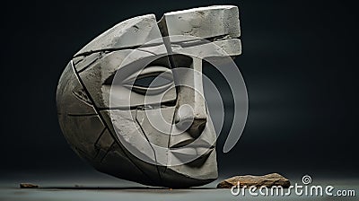 Rustic Futurism: Stone Human Mask With Cubist Fractured Perspectives Stock Photo