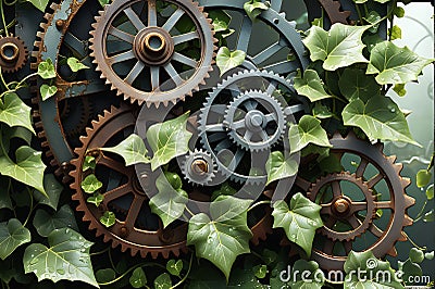 Rustic Gears Entwined with Ivy Symbolizing the Intersection of Nature and Machine, Morning Dew Clings Stock Photo