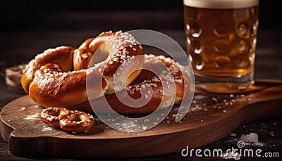 Rustic German lunch on wooden table, beer included generated by AI Stock Photo