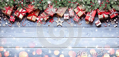 Rustic Gift On Wooden Table With Fir Branches Stock Photo