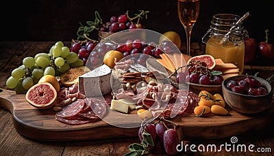 A rustic gourmet meal with fresh fruit, meat, and wine generated by AI Stock Photo