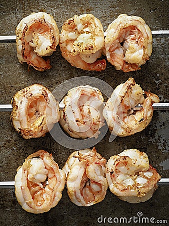 Rustic grilled shrimp skewer Stock Photo