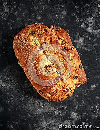 Rustic hand made organic bloomer bread with cranberry, raisin and cashew Stock Photo