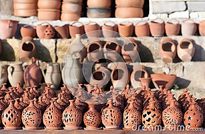 Ð¡lay pots at street handicraft market in Cappadocia, Turkey Stock Photo