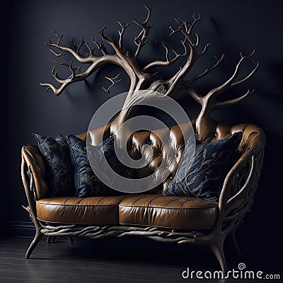 Rustic Handmade Wood Carved Loveseat Sofa in Dark Colors, Decorative Wood Branch, Modern Art Interior Furniture, Generative AI Stock Photo