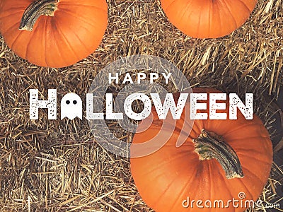Rustic Happy Halloween Text With Ghost Icon Over Pumpkins and Hay From Directly Above Stock Photo