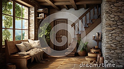 rustic home interior vestibule, Emphasizing natural and rugged elements wood, stoneearthy colors,cozy, countryside Stock Photo