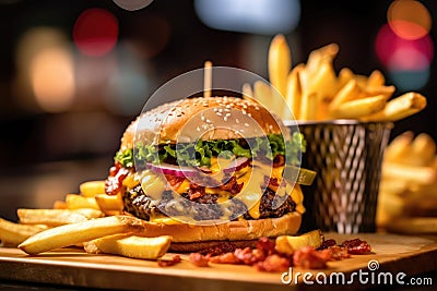 Rustic Homemade Bacon Cheeseburger and crispy fries Stock Photo