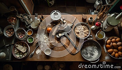 Rustic homemade baking equipment on wooden table in domestic kitchen generated by AI Stock Photo