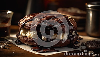 Rustic homemade dessert stack, indulgent chocolate sauce, creamy whipped cream generated by AI Stock Photo