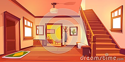 Rustic house hallway interior with wooden stairs Vector Illustration