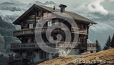 Rustic hut nestled in mountain landscape, winter travel generated by AI Stock Photo