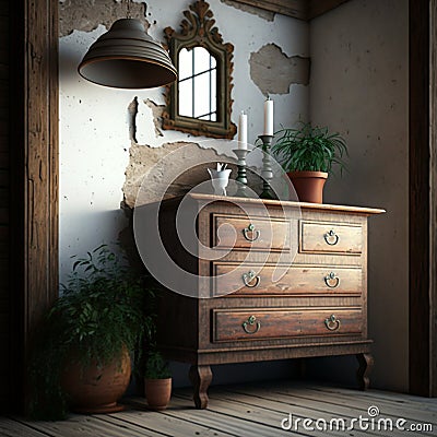 Rustic Interior with Wall Mock up featuring an Antique Commode. Generative AI Stock Photo