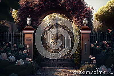 rustic iron mansion gates surrounded by greenery and flowers Stock Photo