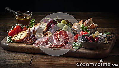 Rustic Italian Delicatessen Plate Meat, Bread, Fruit, and Wine generated by AI Stock Photo