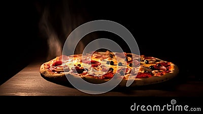 Rustic italian pizza with mozzarella, cheese and olives with black background Stock Photo