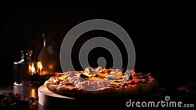 Rustic italian pizza with mozzarella, cheese and olives with black background Stock Photo