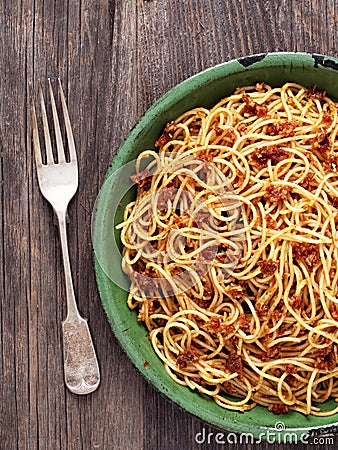 Rustic italian sicilian pesto spaghetti Stock Photo