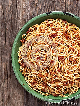 Rustic italian sicilian pesto spaghetti Stock Photo