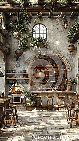 Rustic Italian trattoria with exposed beams terracotta pots Stock Photo