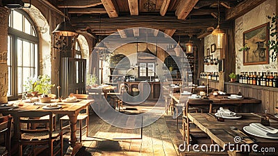 Rustic italian trattoria interior with warm lighting and wooden tables in detailed wide angle view Stock Photo