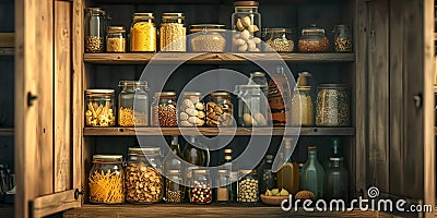 Rustic kitchen pantry shelves stocked with various preserved foods in jars. home canning essentials. vintage Stock Photo