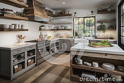 rustic kitchen with white cabinetry, glass fronts, and open shelving Stock Photo