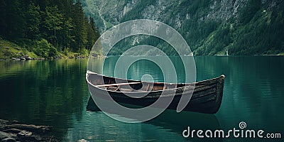 Rustic lake, boat, lake wallpaper, lake water, Mediterranean lake in the style of calming and introspective aesthetic, dark green Stock Photo