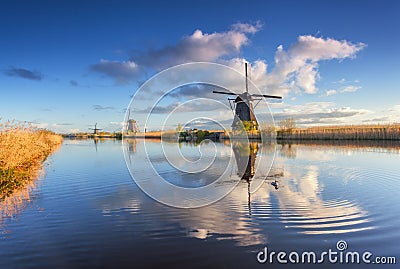 Rustic landscape with beautiful traditional dutch windmills Editorial Stock Photo