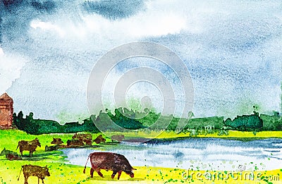 Rustic landscape cows grazing on the lake shore. Watercolor illustration Cartoon Illustration