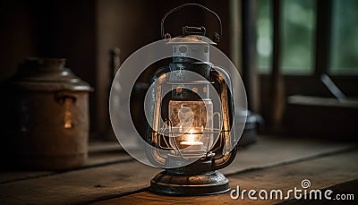 Rustic lantern burning candle, glowing in old fashioned rural scene outdoors generated by AI Stock Photo