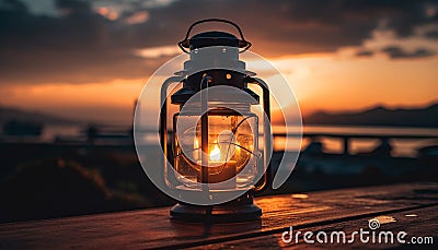 Rustic lantern burning in nature twilight glow generated by AI Stock Photo