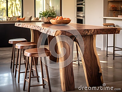 Rustic live edge dining table and solid wood stools close up. Organic interior design of modern living room in farmhouse Stock Photo