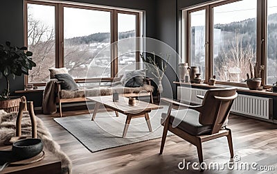 Rustic Live Edge Table and Wooden Armchairs in Harmony. Generative AI Stock Photo