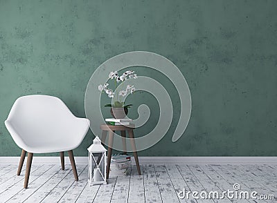 Rustic living room with chair, candlestick, orchid Stock Photo