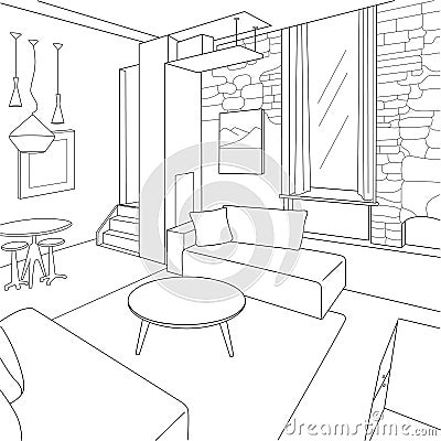 Rustic Living Room with Raw Material Vector Line Art Illustration Vector Illustration