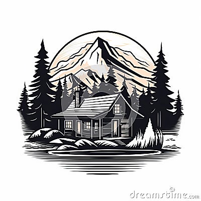 Rustic Lodge Logo Design: Wood Engraving Style With Retro Filters Cartoon Illustration