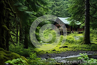 a rustic lodge nestled snugly into the forest undergrowth Stock Photo