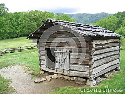 Rustic Log Cabin in the Great Smoky Mountains Stock Photo