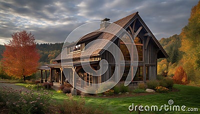 Rustic log cabin nestled in tranquil autumn forest landscape Stock Photo