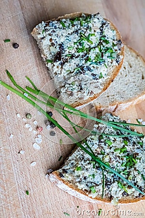 Rustic meal - bread with spread and chives Stock Photo
