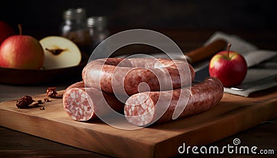 A rustic meal smoked pork, fresh apple, homemade bread generated by AI Stock Photo