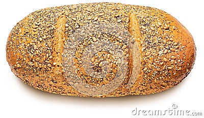 Rustic multigrain bread wheat, rye, sunflower seeds, linseed, poppy, sesame and barley. World Champion. Isolated on white Stock Photo