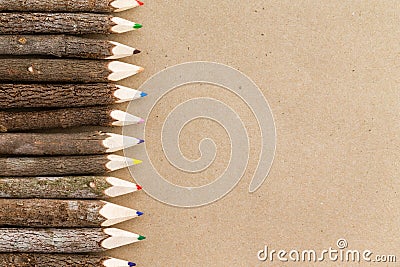 Rustic natural wood pencil crayon border Stock Photo