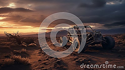 Rustic Offroad Vehicle In Ominous Desert Scene - Industrial Photography Stock Photo