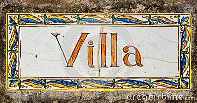 Ornate Painted Villa Sign Stock Photo