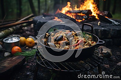 rustic outdoor setting with seafood pasta cooking on campfire Stock Photo