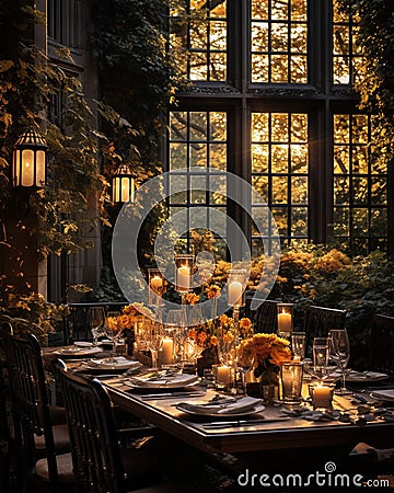 Rustic outdoor table setting with candles, vase of flowers and yellow leaves for a warm and inviting feel Stock Photo