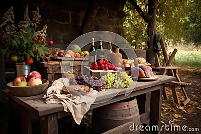 a rustic picnic table with a basket of freshly picked fruits, cheeses, and wines for two Stock Photo